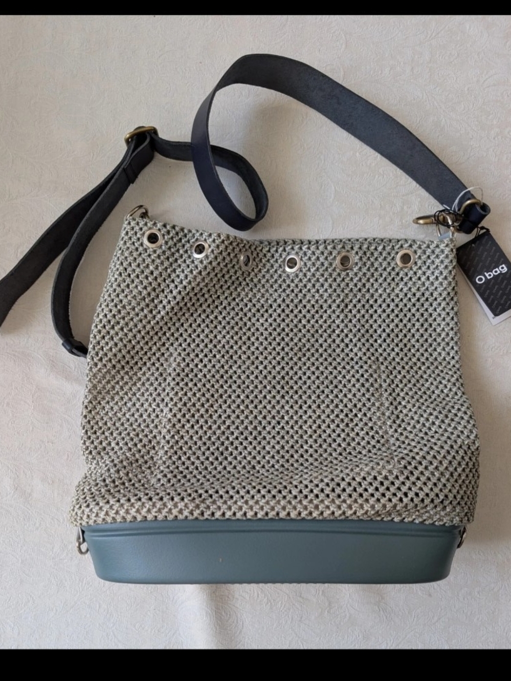 O bag Woven Shoulder Bag Gray Blue Black Adjustable Strap Grommet Gold Hardware